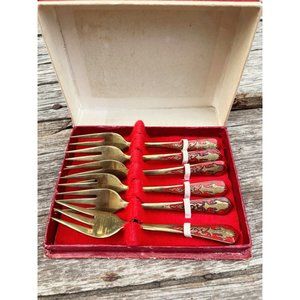 Vintage Siam Red Enamel Brass Appetizer Cocktail Shrimp fork Set